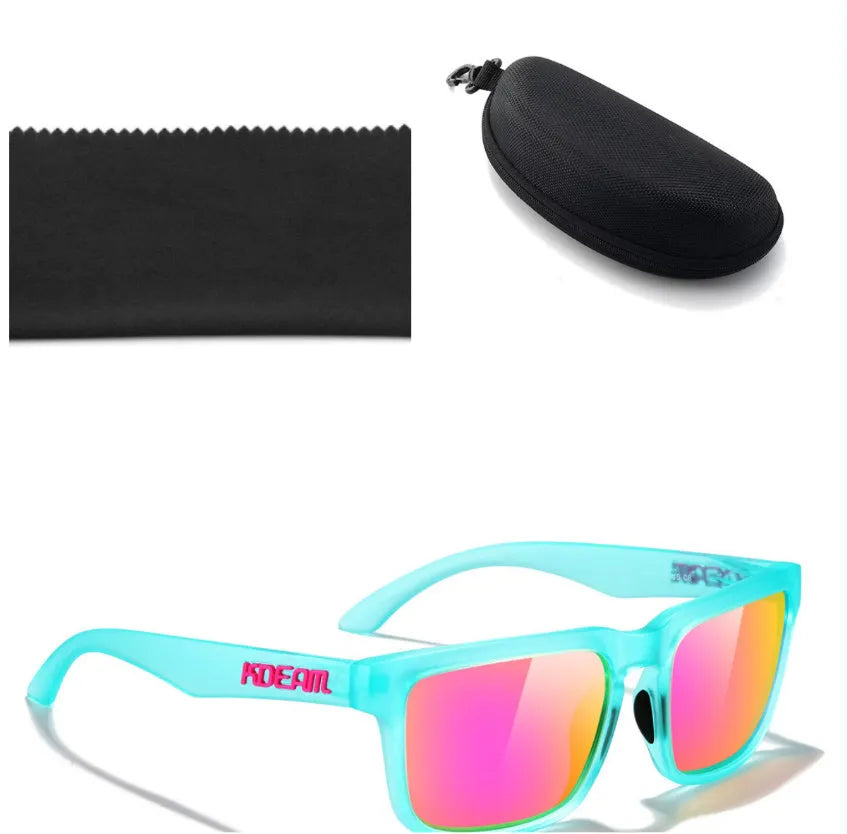 Square polarised sunglasses with TAC lenses and a PC frame, shown in one of 12 available colour options.
