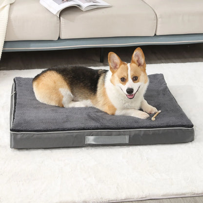Removable and washable memory sponge dog mat in brown colour, showing 10cm thickness and size options for pet comfort