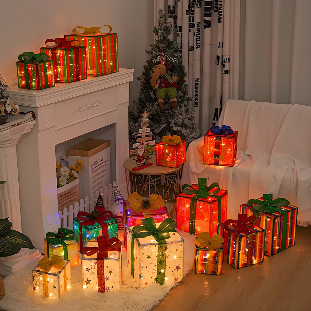 Christmas gift box three piece set with 50 LED beads and 8 lighting functions in silver star design