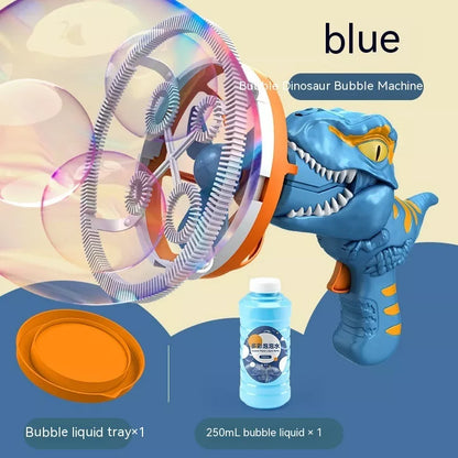 Dinosaur-shaped bubble machine for kids with red, blue, and green options
