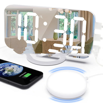 Digital Mirror Clock with LED display and dual USB ports in white and black options