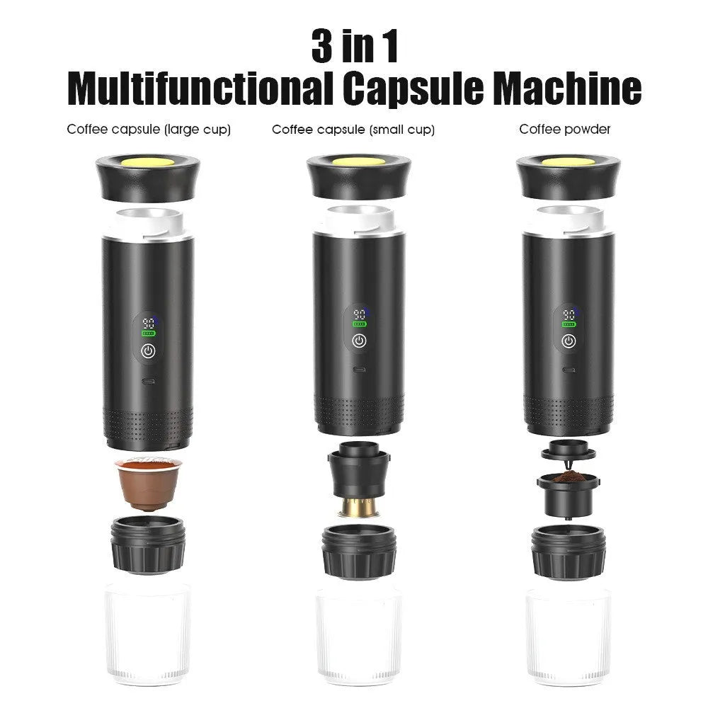 Portable black capsule coffee machine with LCD display for use in electric cars and outdoor travel