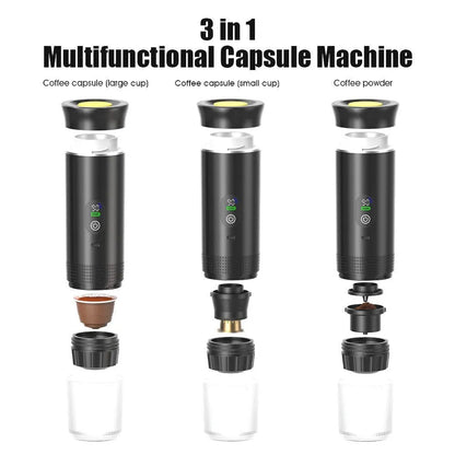 Portable black capsule coffee machine with LCD display for use in electric cars and outdoor travel
