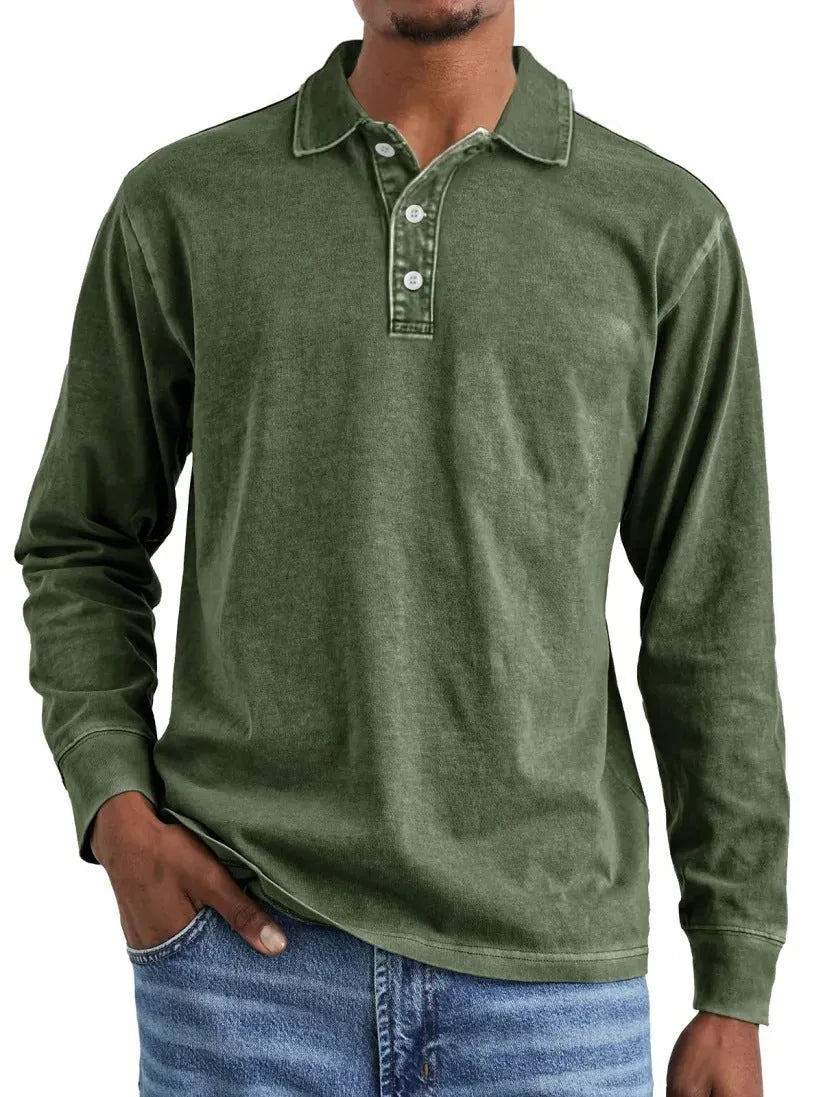 Retro washed distressed cotton lapel long sleeve polo shirt in various colours and sizes