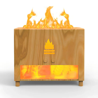 Square white flame effect humidifier with USB power cable on kitchen countertop