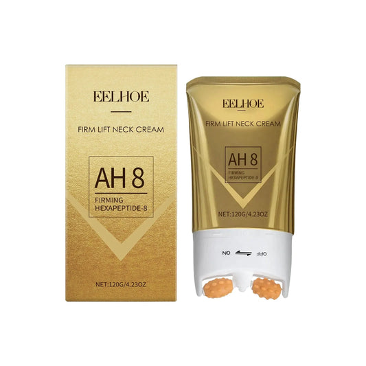 Firm Lift Neck Cream jar with 120g volume, ingredients include acetyl hexapeptide-8 and ceramide NP for anti-ageing.