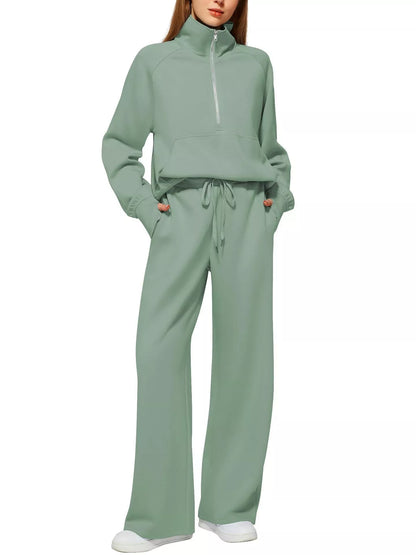 Women's solid color long-sleeved sweater trousers suit in polyester, available in multiple colors