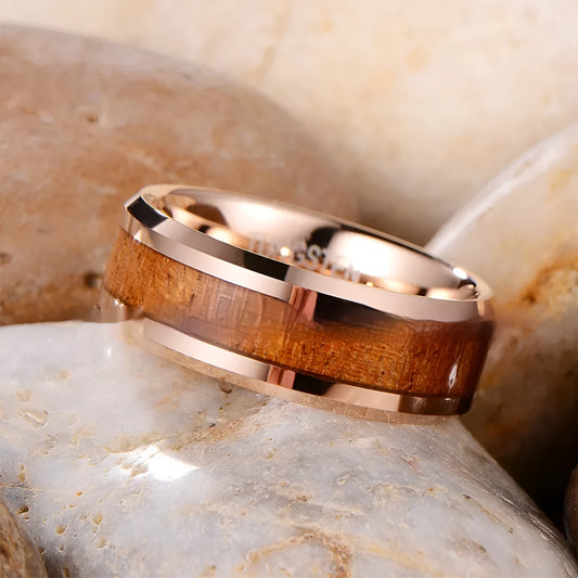 Men's tungsten ring with wood leather texture in 8mm width showing rose gold or steel colour options