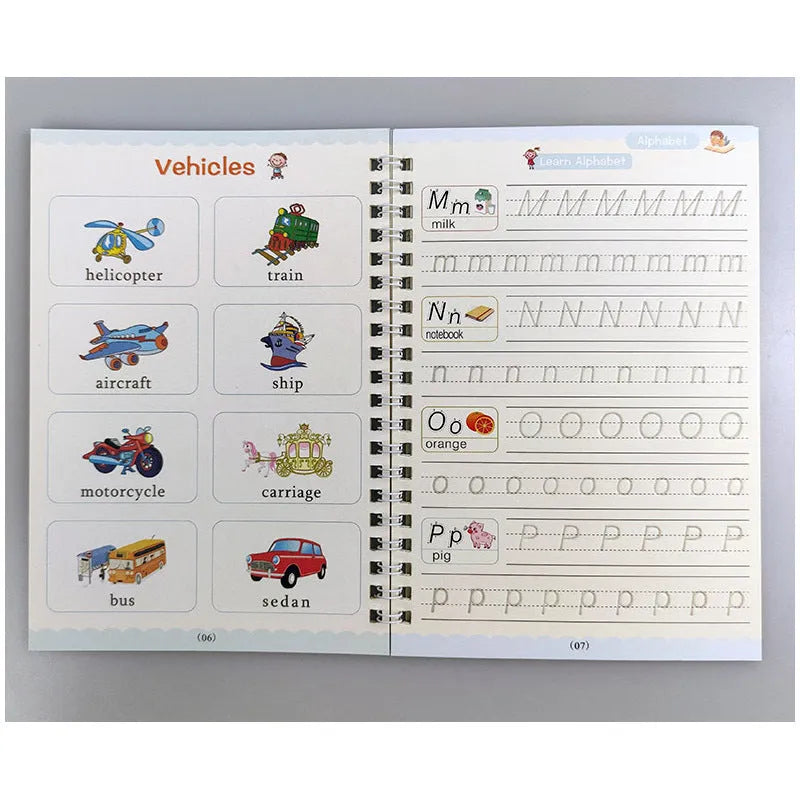 Magic calligraphy copybook set with stylus for children's handwriting practice showing 3D slot design