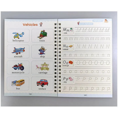 Magic calligraphy copybook set with stylus for children's handwriting practice showing 3D slot design