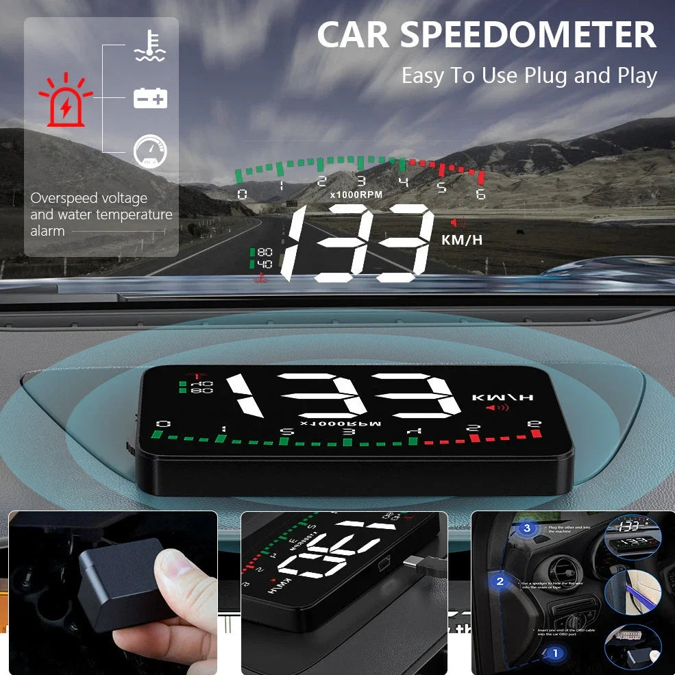 Automotive HUD display with 3.5-inch LED screen showing speed projection on vehicle windscreen