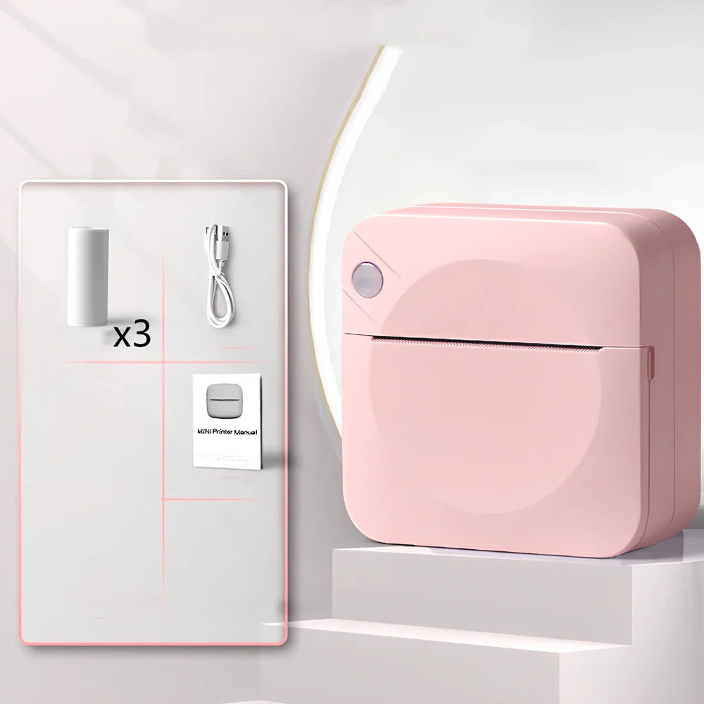 Blue mini thermal printer measuring 80x80x35mm with Bluetooth connectivity for student study organisation