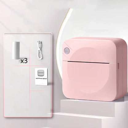 Blue mini thermal printer measuring 80x80x35mm with Bluetooth connectivity for student study organisation