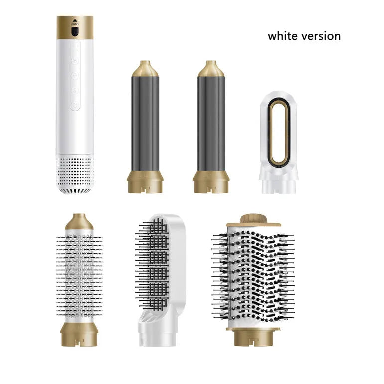 Electric hot air styling comb with six attachments for curling and straightening hair in leather case