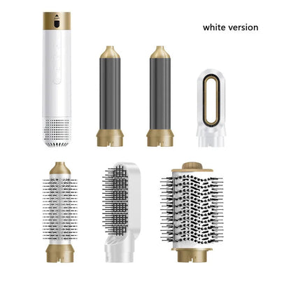Electric hot air styling comb with six attachments for curling and straightening hair in leather case