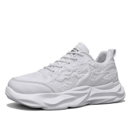 Chinese Loong breathable Fly Knit casual sneakers in four dragon colourways on a rubber sole.