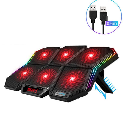 Ice Magic 6 notebook radiator with six black and red fans, 0.6m USB cable, and plastic frame on a desk