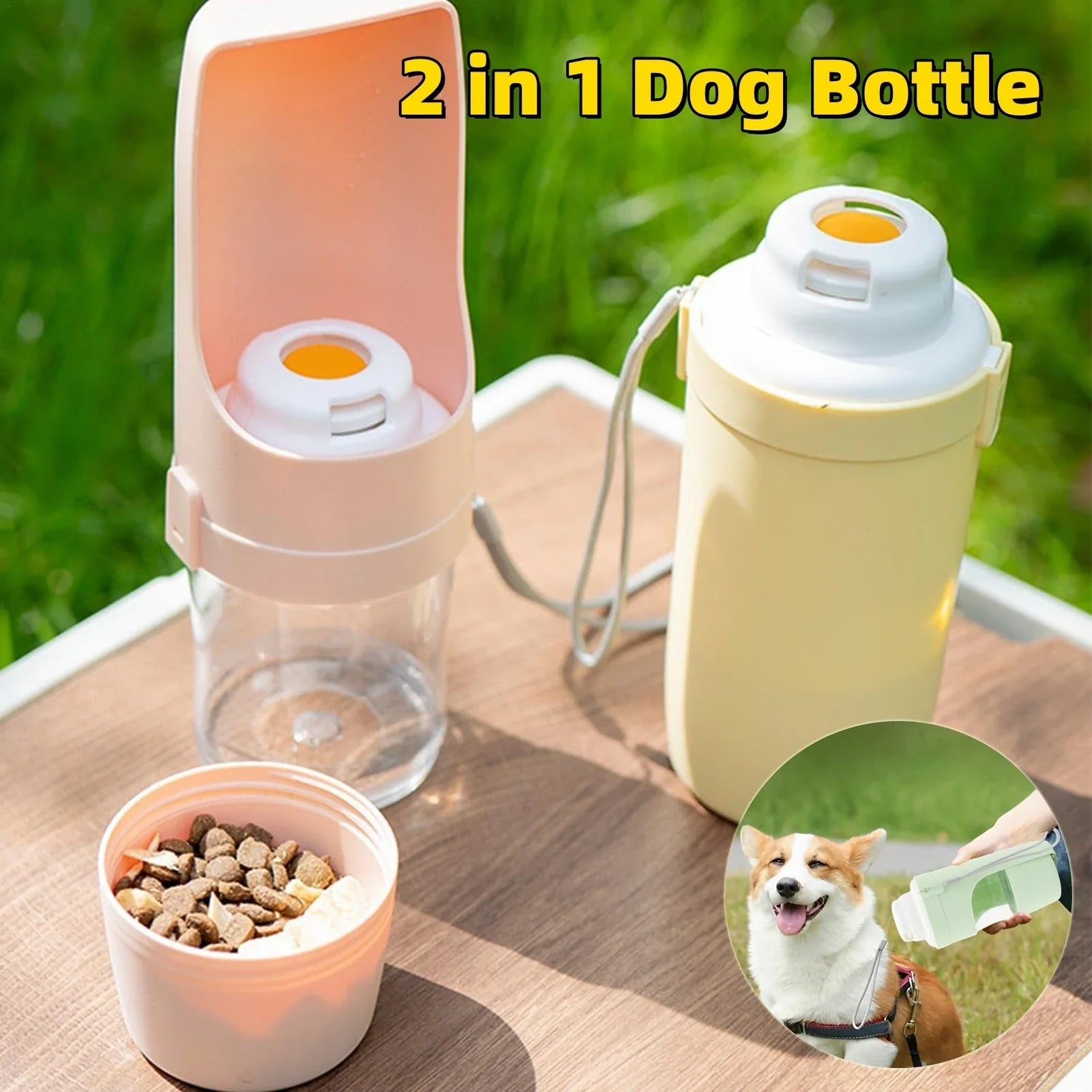 Portable 2-in-1 pet water bottle and feeder in various colors with lanyard for outdoor adventures