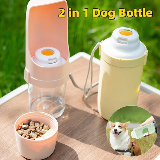 Portable 2-in-1 pet water bottle and feeder in various colors with lanyard for outdoor adventures