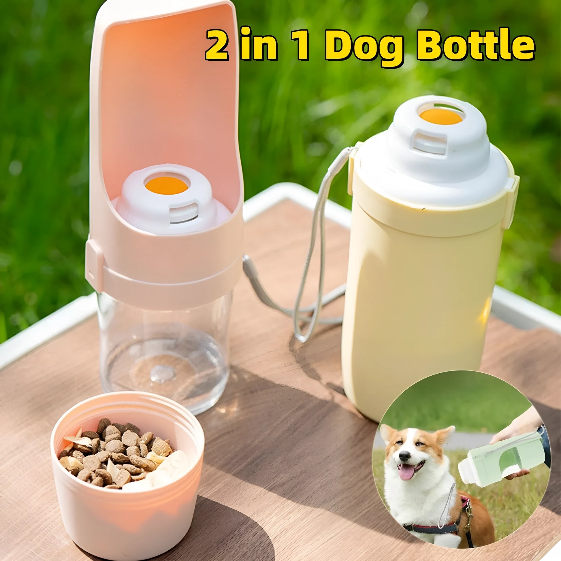 Grey 2-in-1 travel dog water bottle with lanyard showing folding design and 690ml capacity