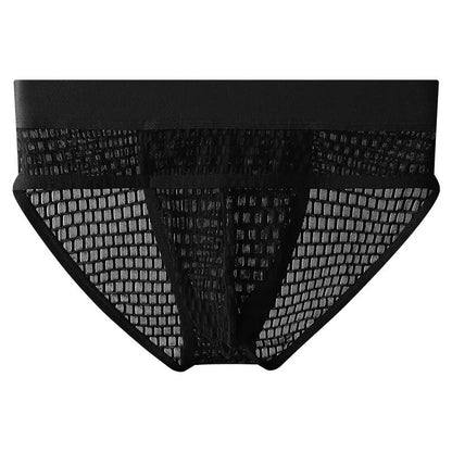 Men's lace-trimmed briefs in white with U pouch design and mid-rise waistband