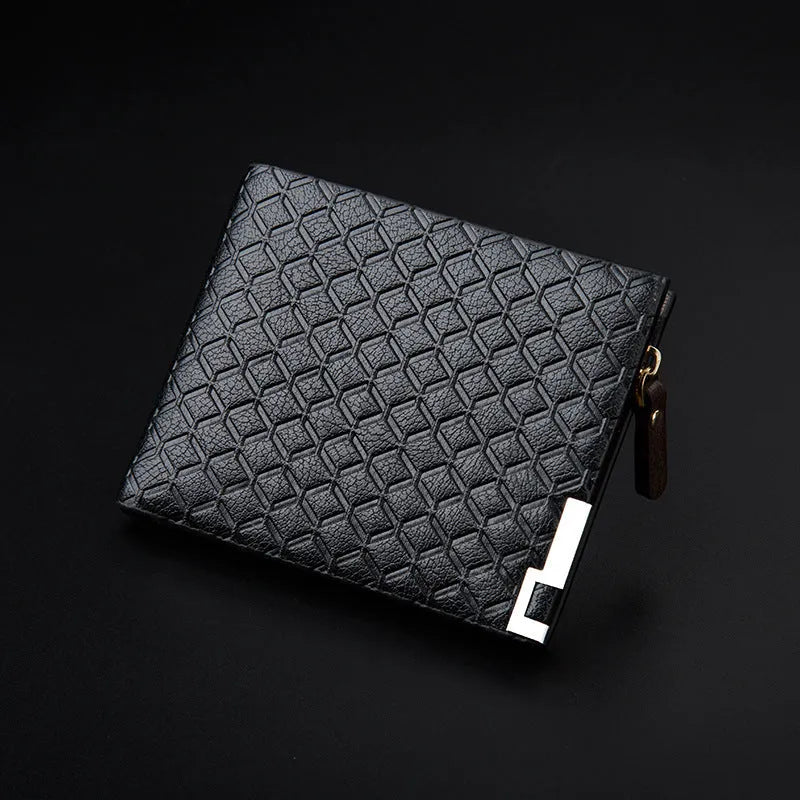 Men's short business wallet in PU leather with embossed plaid pattern, 12 x 9.5cm, black or coffee