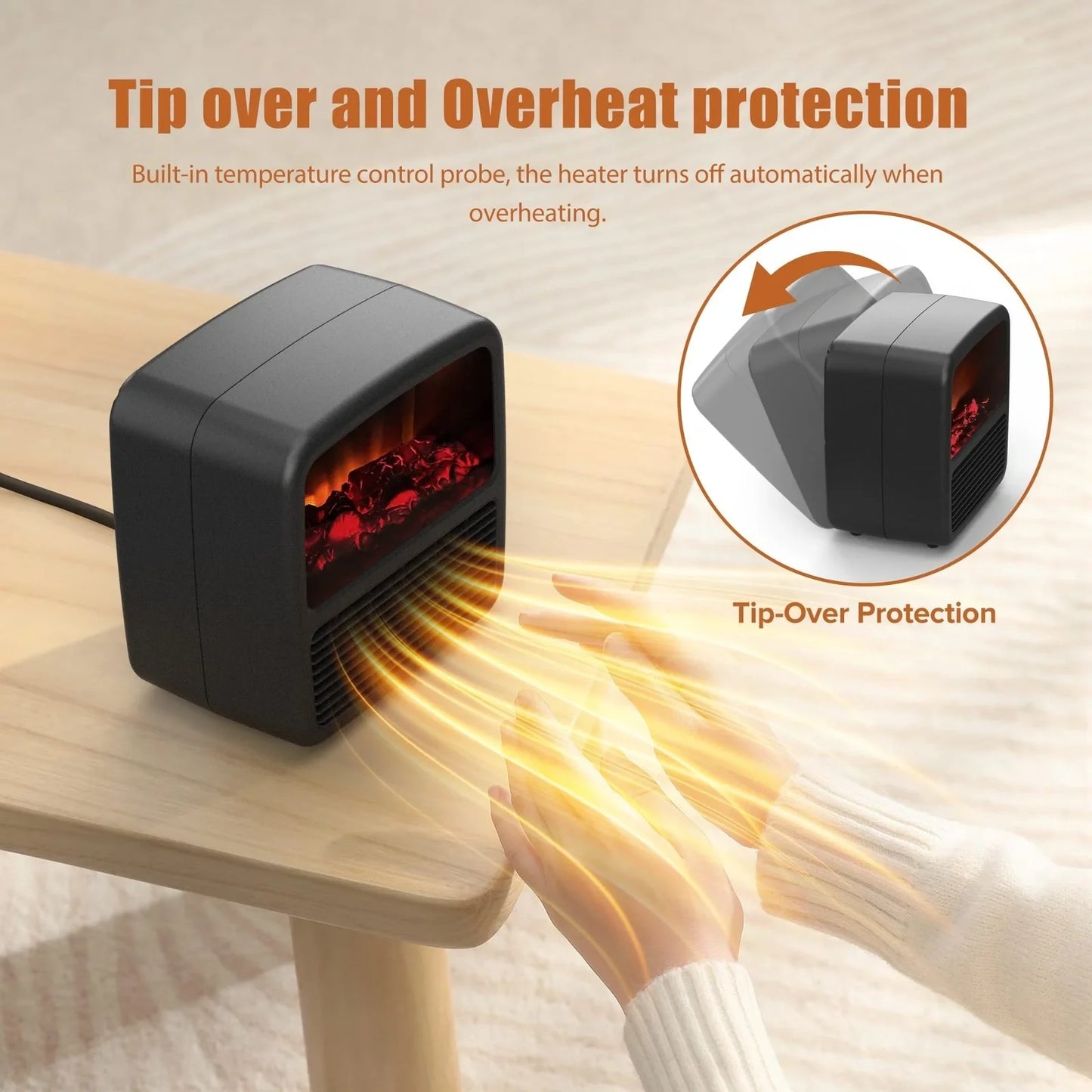 Black desktop electric space heater with ceramic heating element and mechanical controls measuring 22cm square