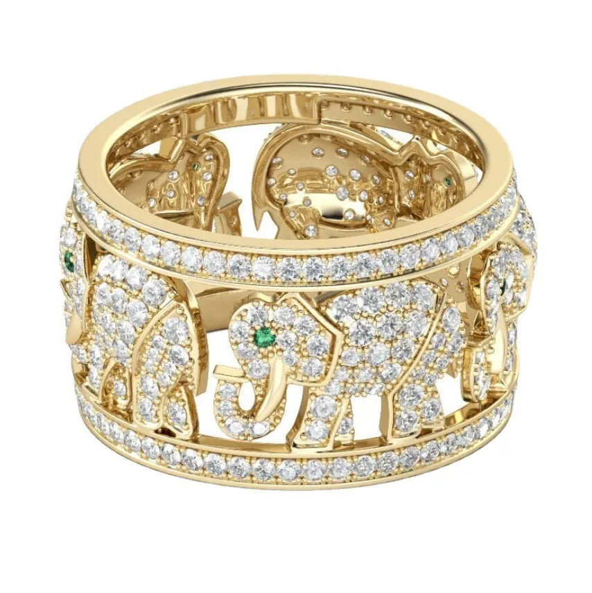 Close-up of a creative alloy elephant ring with diamond accents on a hand, showing the detailed animal design.