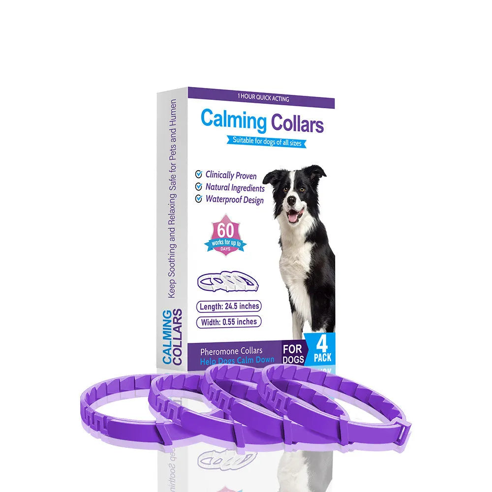 Four dog anxiety relief collars in different colours with 62cm adjustable TPR construction for calming support