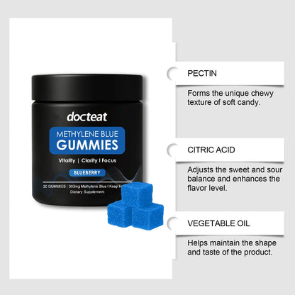 Pack of 20 fruit-flavoured soft candy gummies for body care supplement containing methylene blue trihydrate.