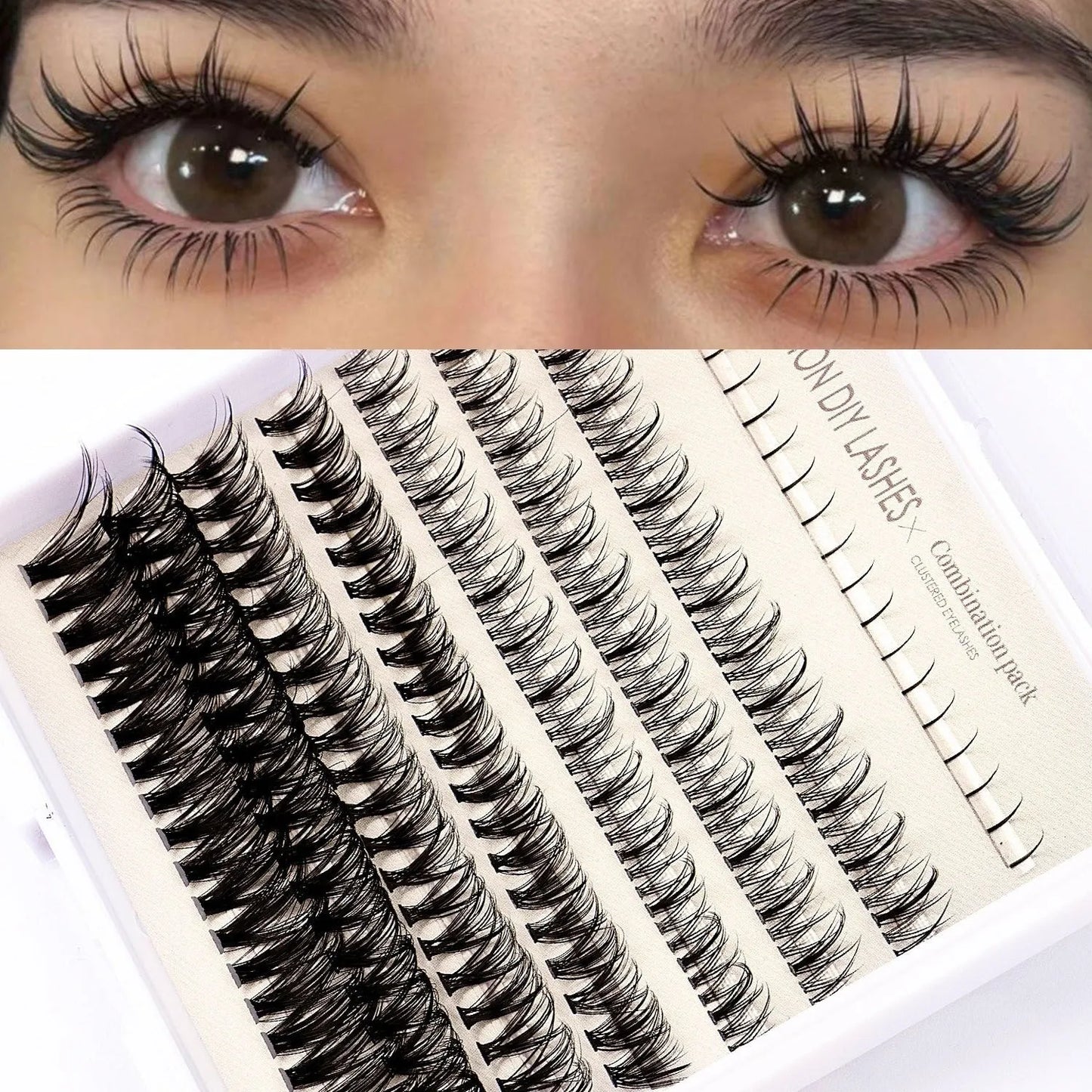 DIY false eyelash set with glue, tools and natural segmented clusters for home application