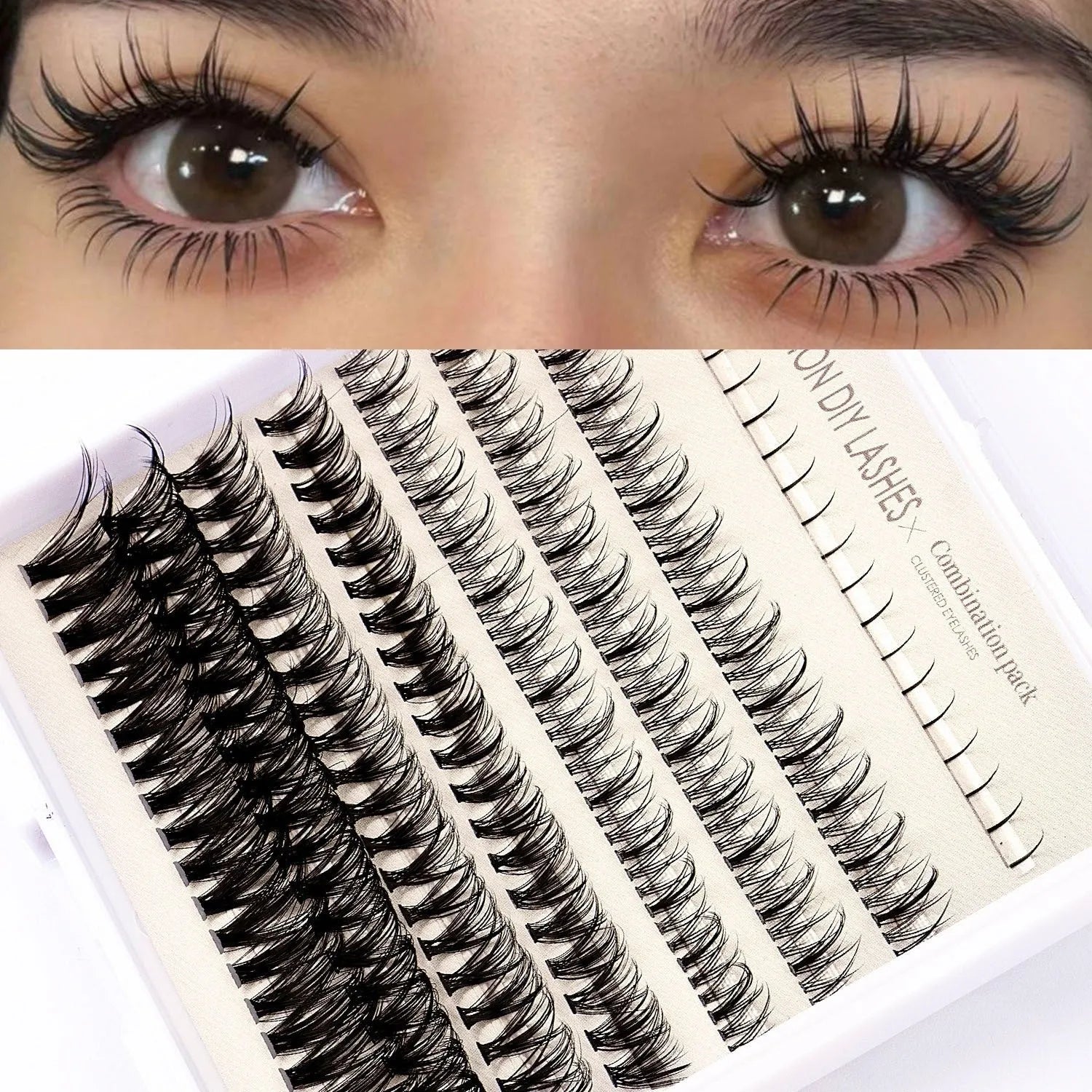 DIY false eyelash set with glue, tools and natural segmented clusters for home application