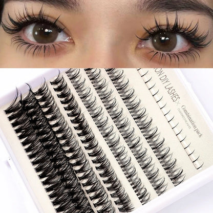 DIY false eyelash set with glue, tools and natural segmented clusters for home application