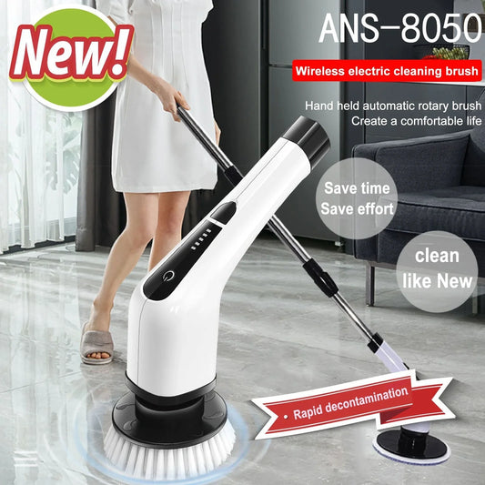 White 7-in-1 electric cleaning brush with telescopic rod and multiple brush heads for kitchen surfaces