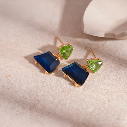 Geometric stud earrings for women in alloy with electroplated gold tone and steel needle, shown in four colour options.