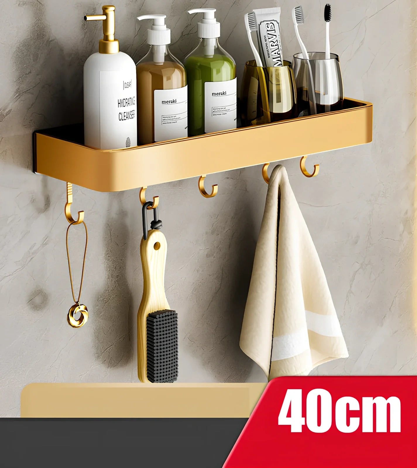 Modern space aluminum perforated towel storage rack, 40cm length with hook, wall-mounted for bathroom drying
