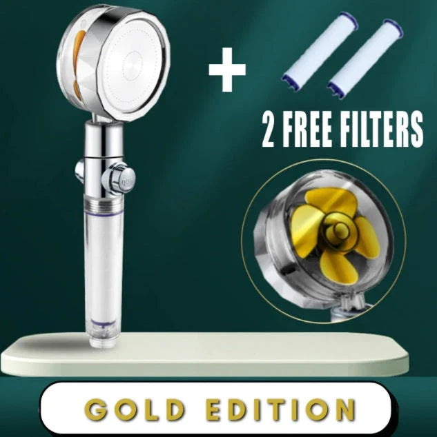 High-performance water-saving shower head with 360-degree rotation and fan feature, offering a luxurious shower experience