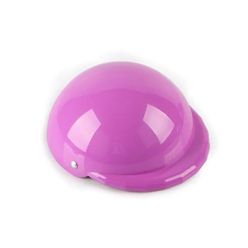 Plastic dog motorcycle cap helmet in seven colour options showing three diameter sizes