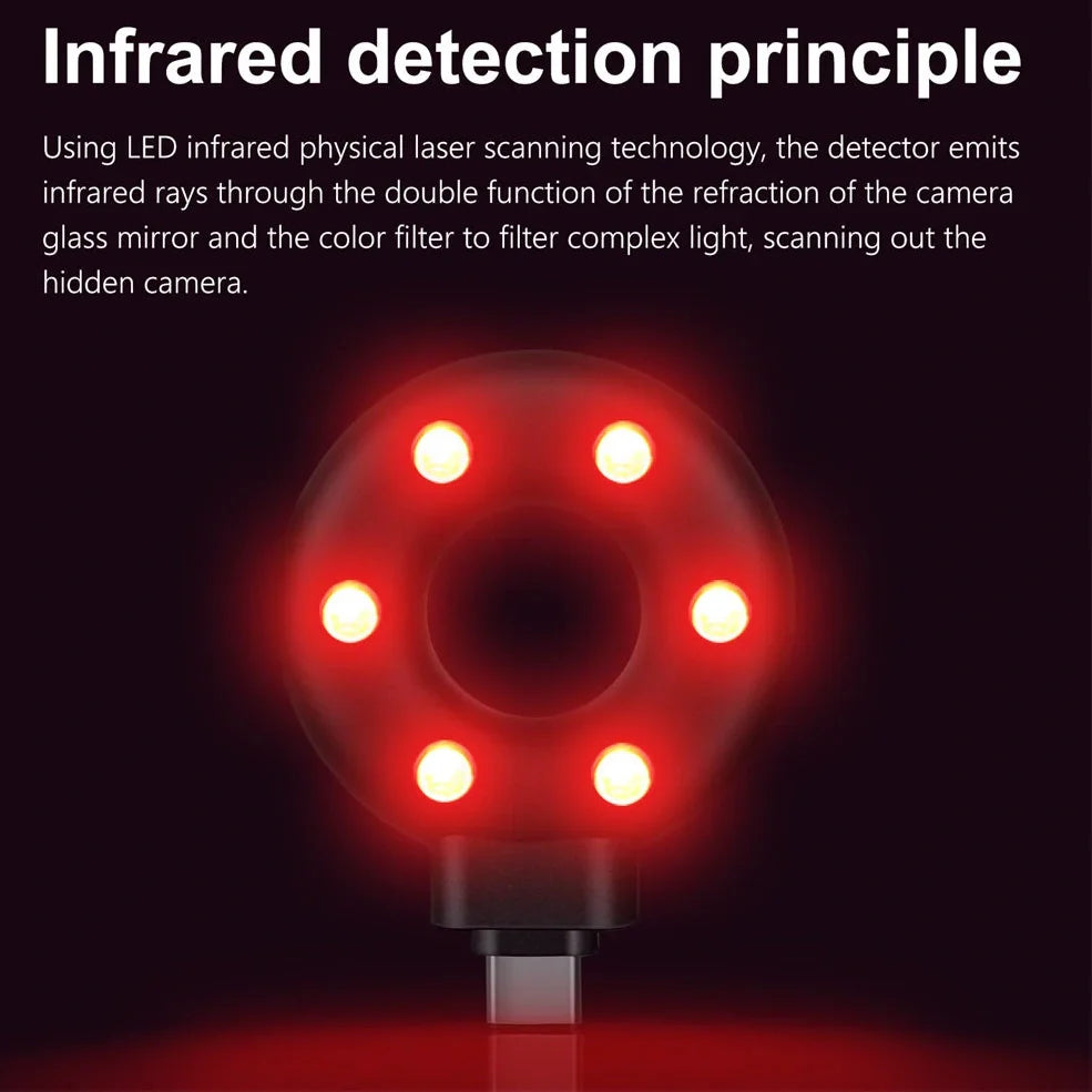 Anti-sneak camera detector with USB charging port and plastic housing in black colour option