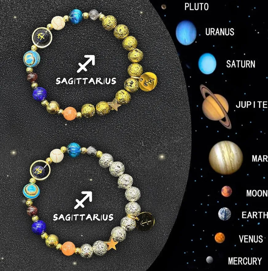 Two adjustable beaded bracelets with zodiac signs on natural stone beads, length 18-22cm