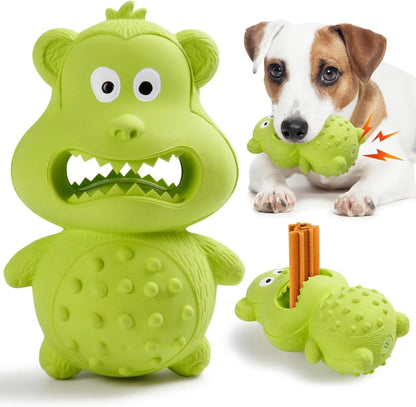 Green and yellow natural rubber dog toy for aggressive chewers with rounded design