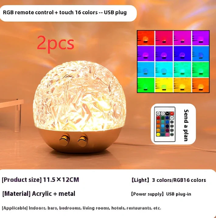 Spherical water ripple projector night light with touch controls creating colourful aurora patterns on wall