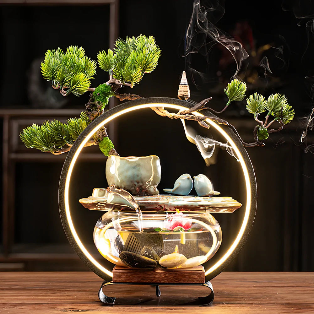 Ceramic water fountain fish tank lamp with stone mill design and integrated LED lighting