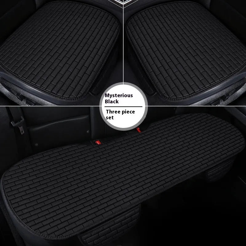 Linen car seat cushion three-piece protective pad with ventilation and sponge filler in black, black and red, grey, brown, or beige