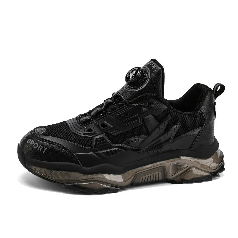Men's black mesh dad shoes with rotating button detail and a low platform sole