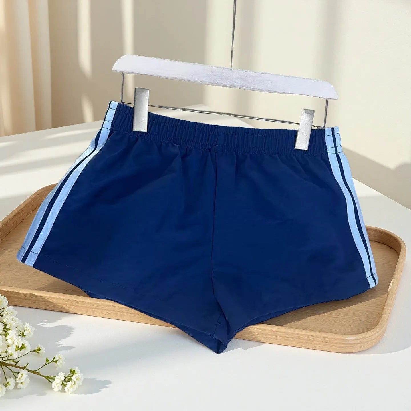 Men's navy blue nylon casual sports shorts with high waist design