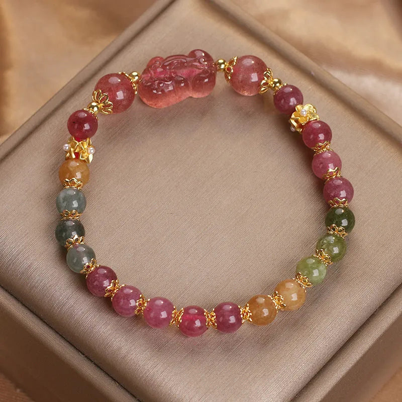 Candy colour tourmaline strawberry quartz pi xiu bracelet with 17cm purity and electroplated finish