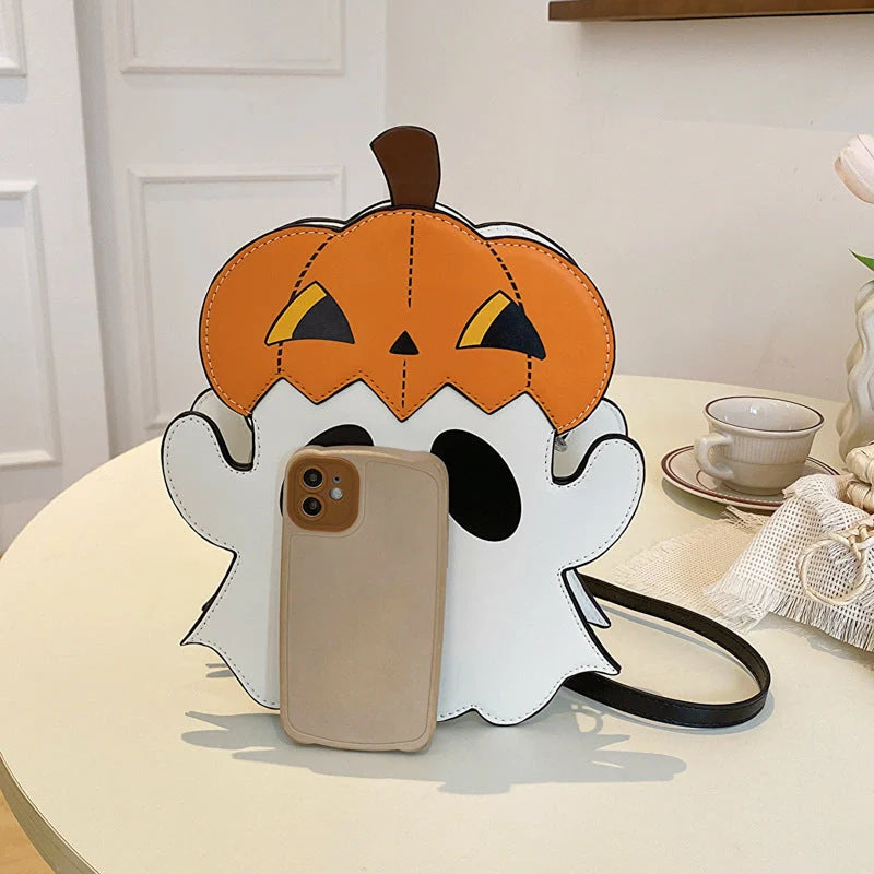 Halloween shoulder bag with 3D pumpkin ghost design in white