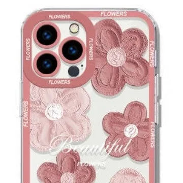 Transparent silicone phone case with oil painting flowers and light pink letter butterfly design for Apple iPhone.