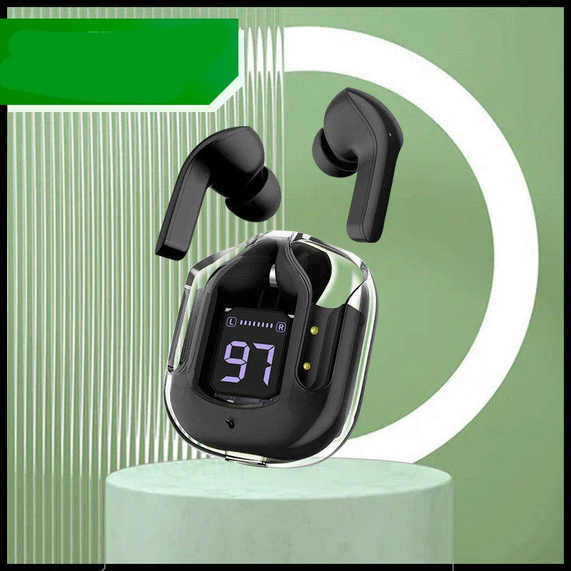 Pair of true wireless Bluetooth earbuds with noise cancellation and digital display